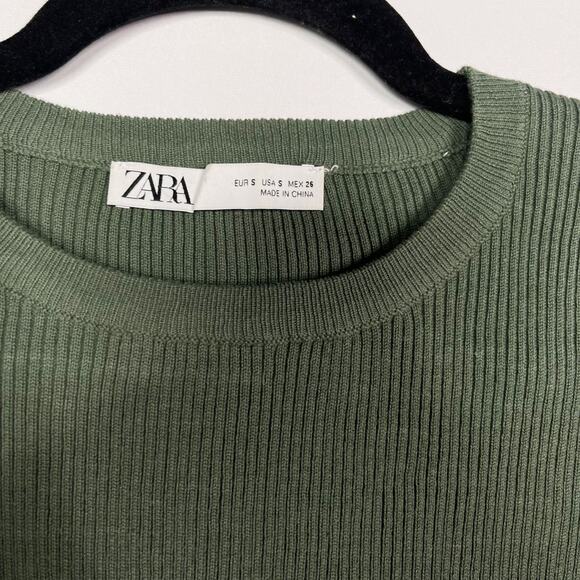 Zara Womens Small S Green Cropped Ribbed Sweater Side Tie Keyhole Opening Fitted - Picture 6 of 8